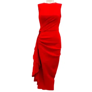 Alexander McQueen Red 2019 Gathered Waist Stretch Wool Midi Dress