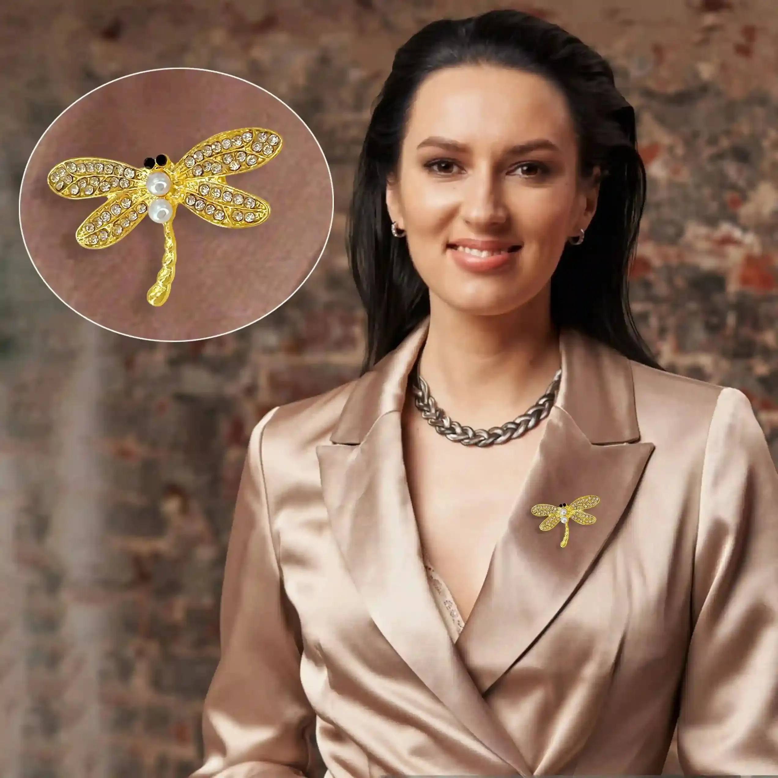 Ani Accessories Dragonfly Pearl Brooch with Gemstone