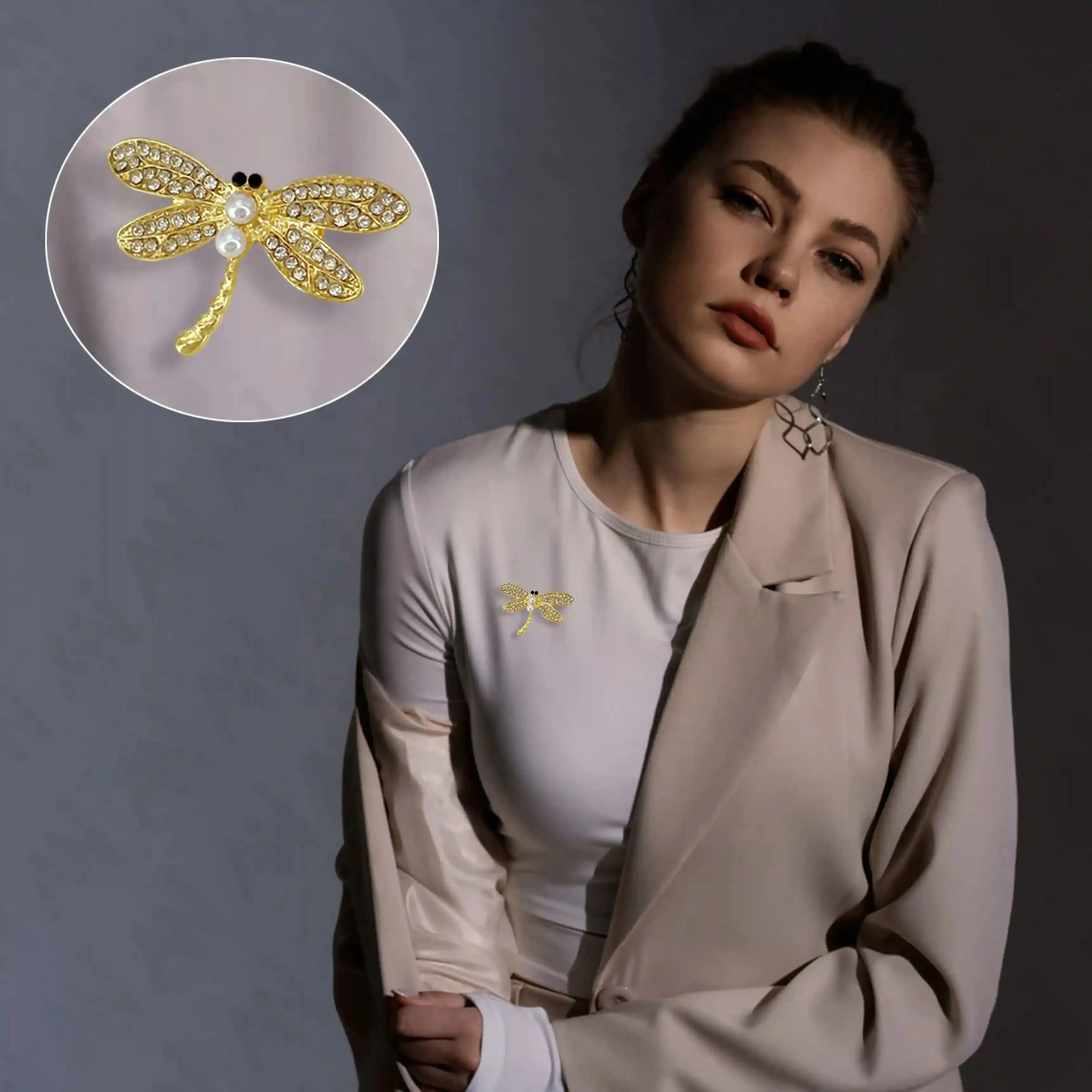 Ani Accessories Dragonfly Pearl Brooch with Gemstone
