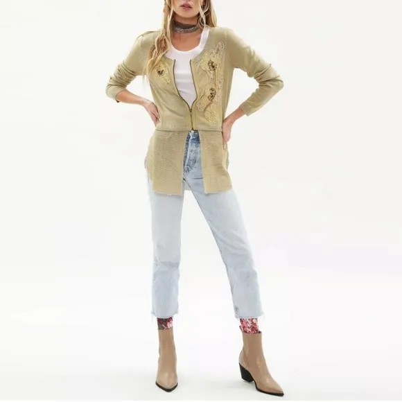 Aratta Les Revoires Cardigan, Floral Embellished Zipper Crochet Jacket