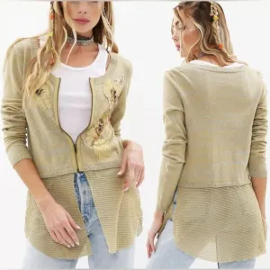 Aratta Les Revoires Cardigan, Floral Embellished Zipper Crochet Jacket
