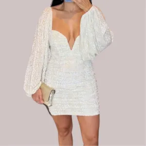 ARIANA SWEETHEART LANTERN SLEEVE CREAM AND GOLD VELVET MINI DRESS