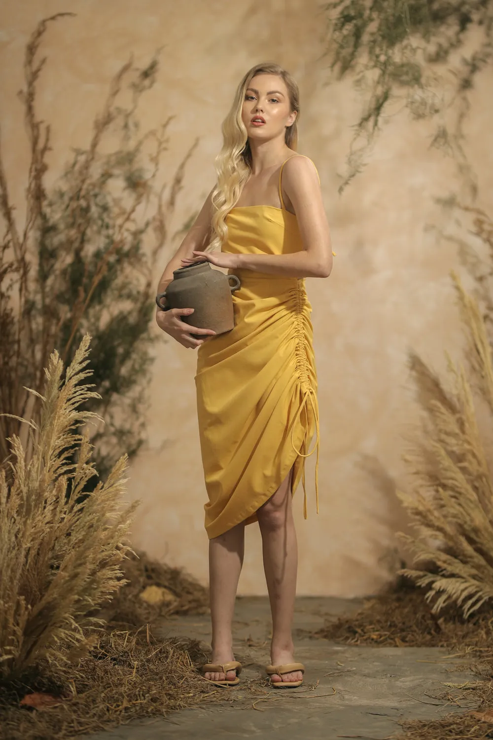 AVIGNON Backless Midi Dress with Assymetric Tie Skirt (Yellow Linen)