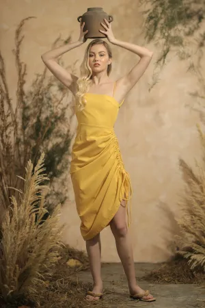 AVIGNON Backless Midi Dress with Assymetric Tie Skirt (Yellow Linen)