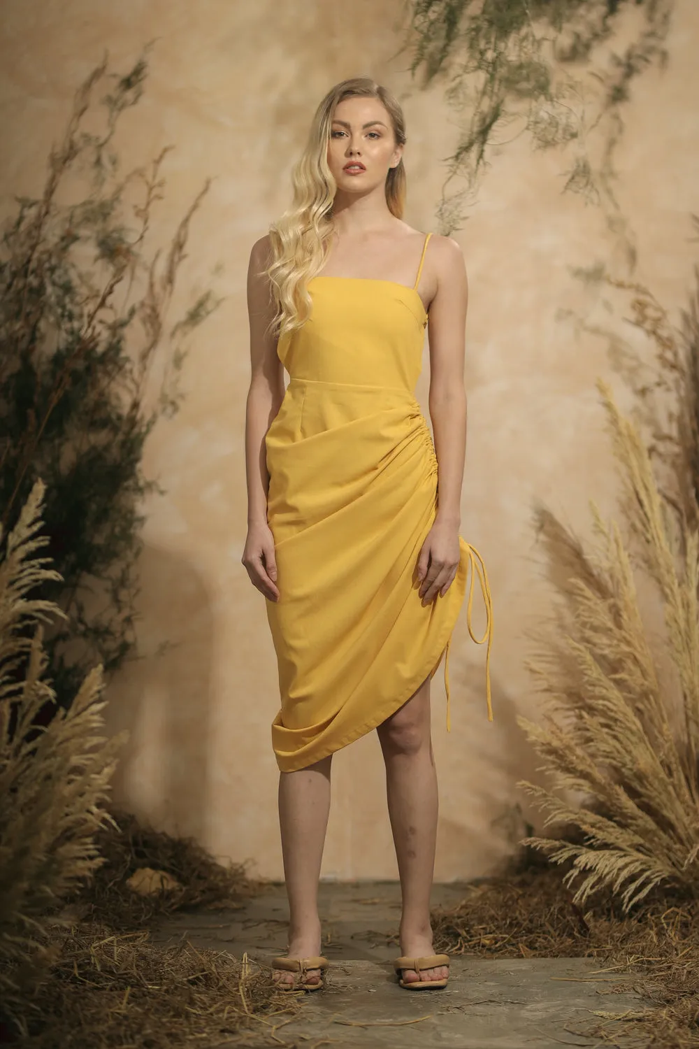 AVIGNON Backless Midi Dress with Assymetric Tie Skirt (Yellow Linen)
