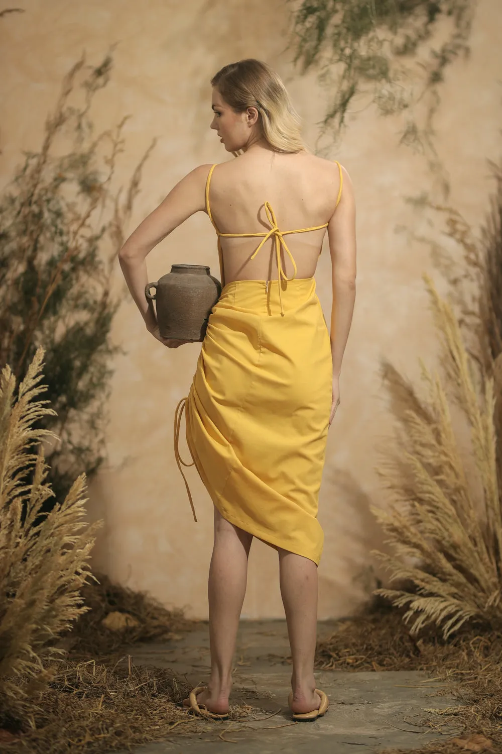 AVIGNON Backless Midi Dress with Assymetric Tie Skirt (Yellow Linen)