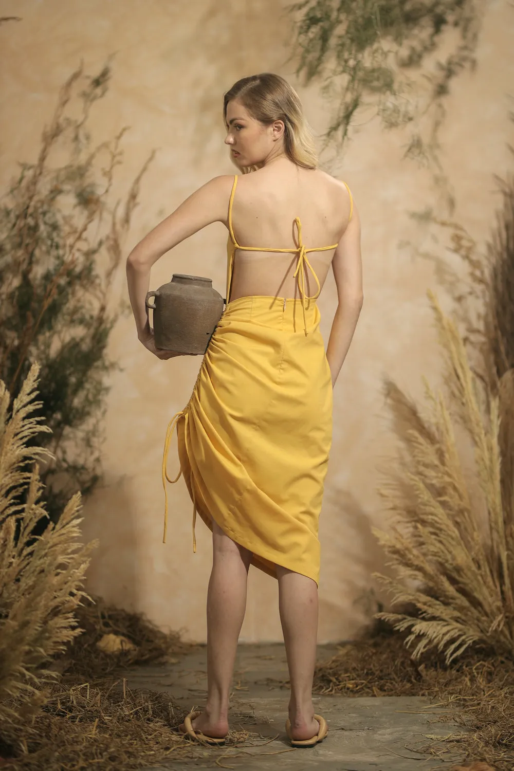 AVIGNON Backless Midi Dress with Assymetric Tie Skirt (Yellow Linen)