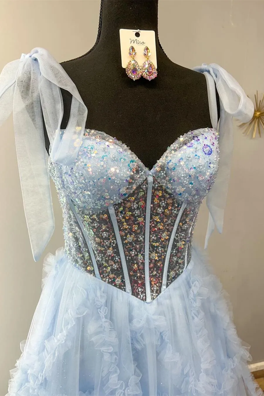 Beaded Sheer Corset Light Blue Formal Dress