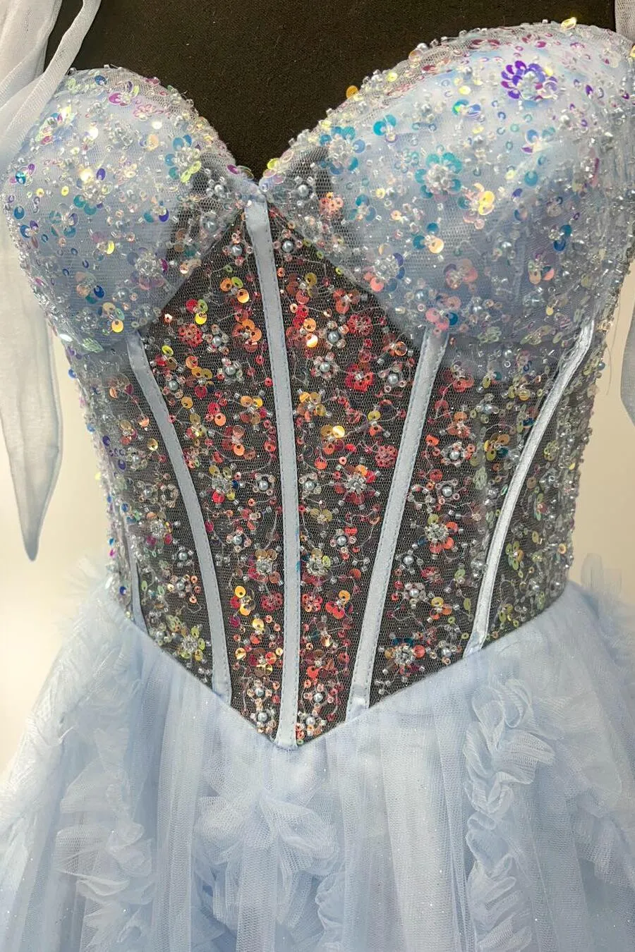 Beaded Sheer Corset Light Blue Formal Dress