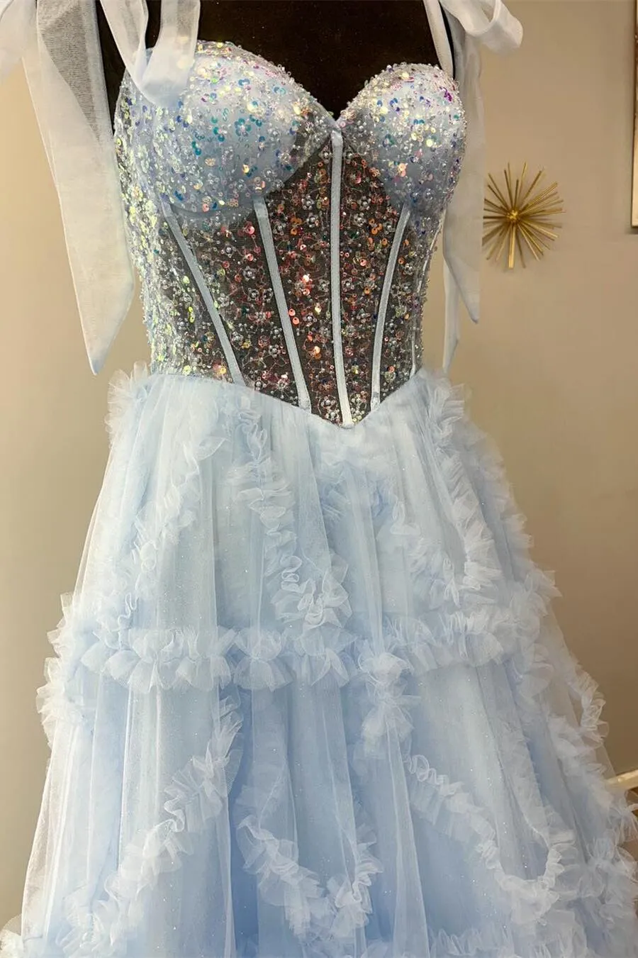 Beaded Sheer Corset Light Blue Formal Dress