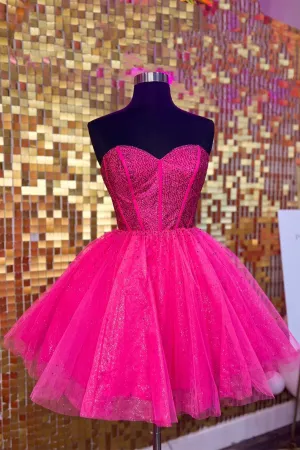 Beaded Sweetheart Fuchsia Tulle A-line Short Dress
