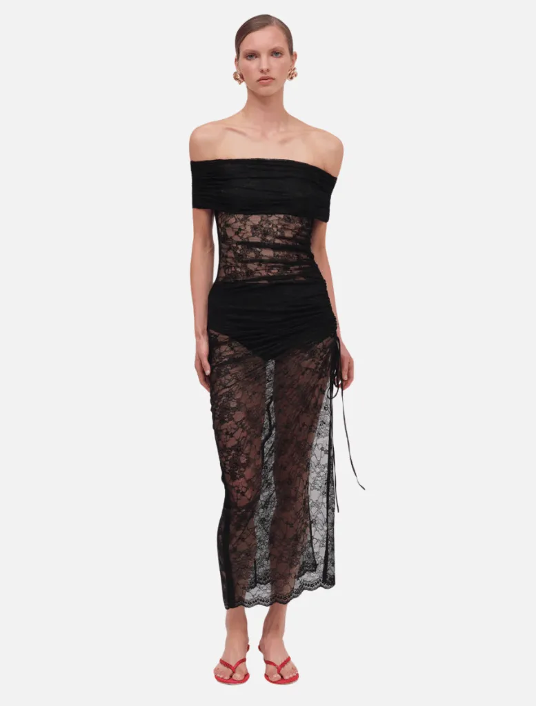 Beau Lace Off Shoulder Midi - Black