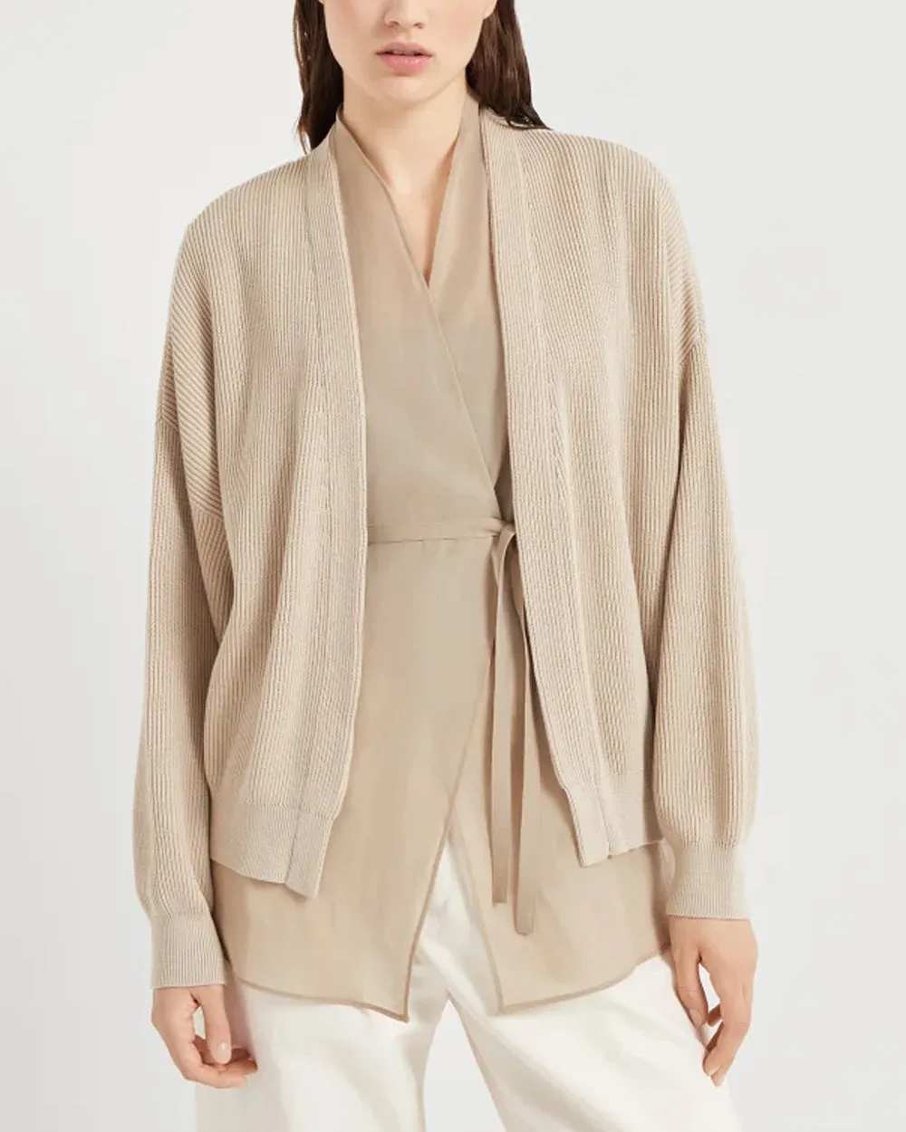 Beige Organza Layered Golf Cardigan