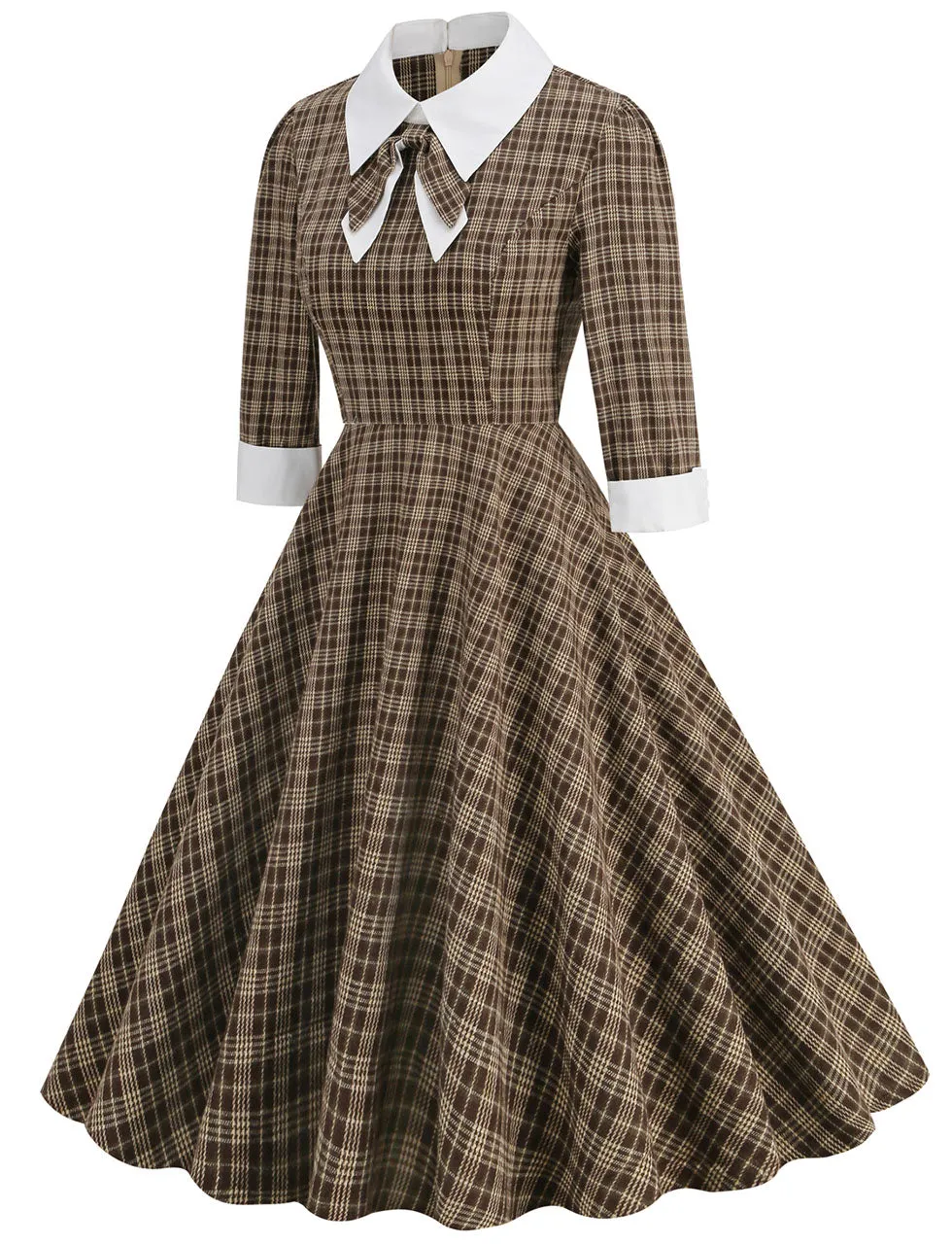 Big BowKnot Brown Plaid 3/4 Sleeve 1950S Vintage Dress Inspired By Mrs. Maisel