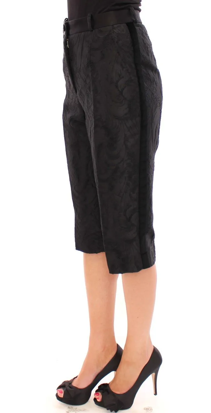 Black Baroque Floral Brocade Shorts Pants