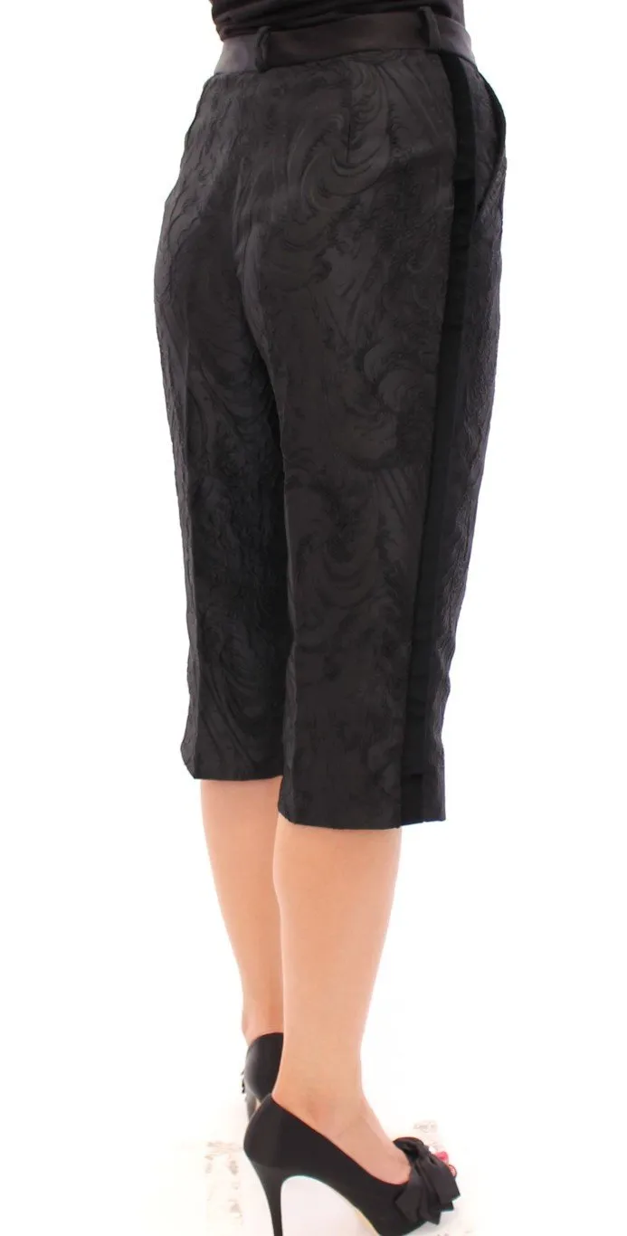 Black Baroque Floral Brocade Shorts Pants