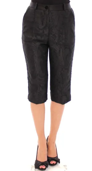 Black Baroque Floral Brocade Shorts Pants