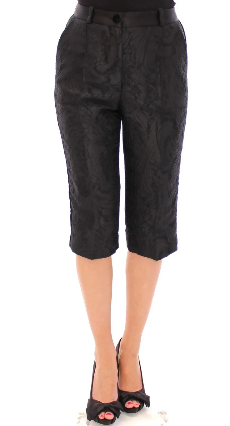 Black Baroque Floral Brocade Shorts Pants