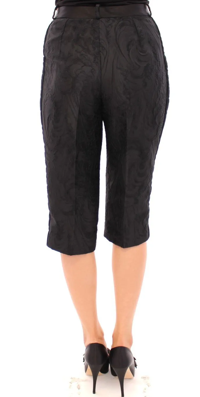 Black Baroque Floral Brocade Shorts Pants