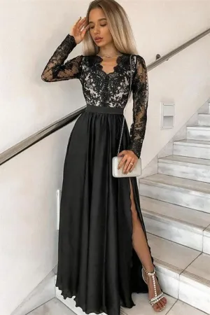 Black Long Sleeves V Neck Lace Prom Dress with Slit, Long Sleeves Black Formal Dress, Black Lace Evening Dress