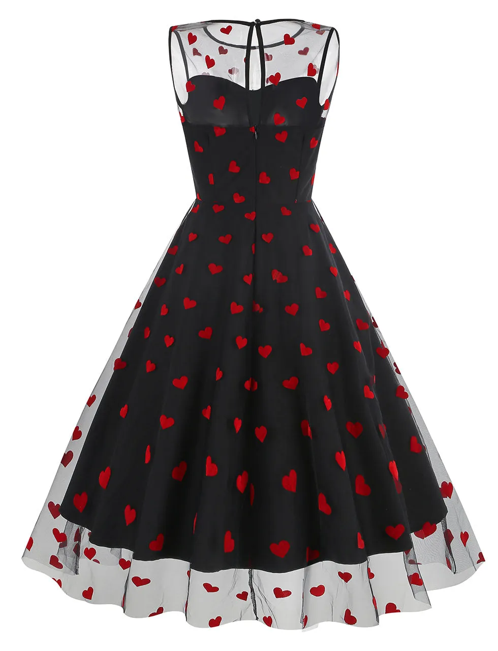 Black Semi Mesh Sweet Heart Embroidered Sleeveless 50S Swing Dress