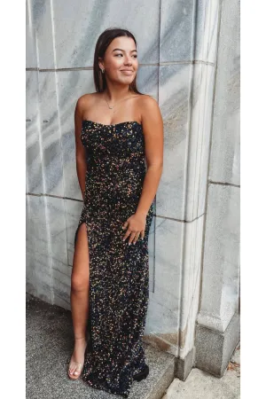 Black Sequin Strapless Mermaid Long Formal Dress