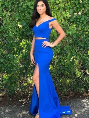Blue Two Pieces Mermaid Satin Long Prom Dresses with Leg Slit, Two Pieces Blue Formal Dresses, Evening Dresses