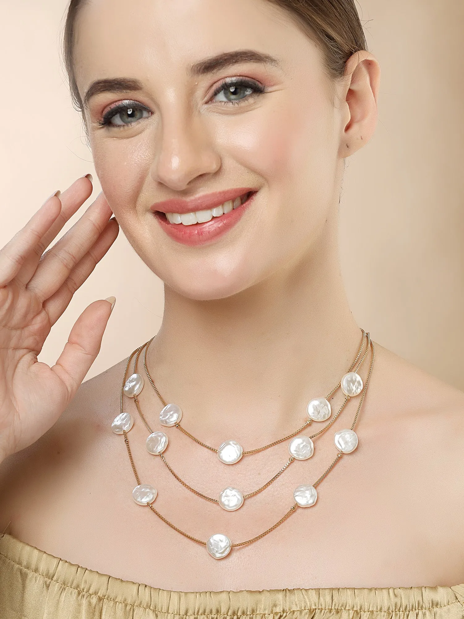 Bohey by KARATCART Gold-Plated Flat Pearl Multilayer Chain Necklace for Women
