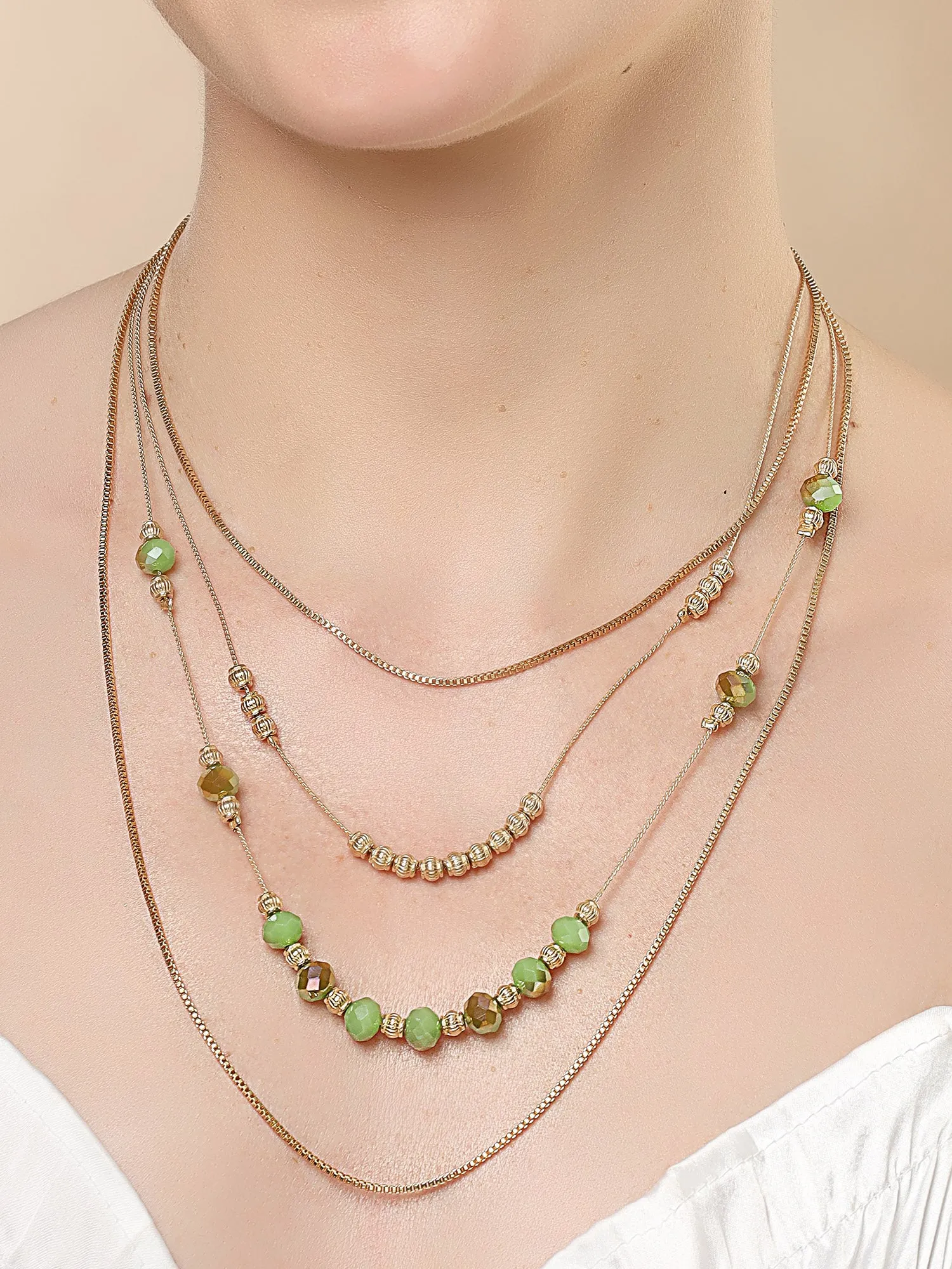 Bohey by KARATCART Gold-Plated Green Ctystal Multilayer Chain Necklace for Women