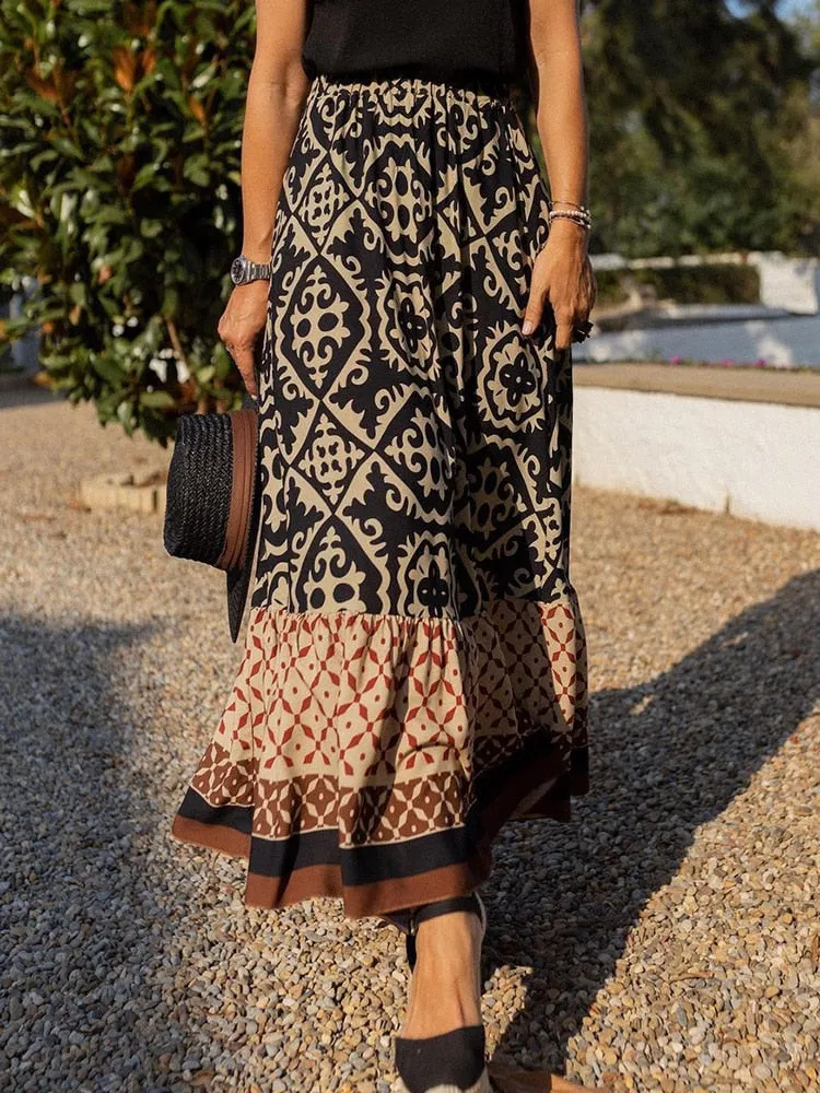Boho Retro Black Maxi Skirt