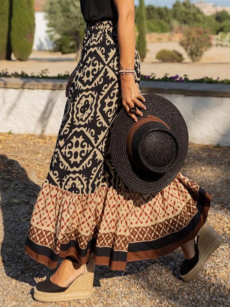 Boho Retro Black Maxi Skirt