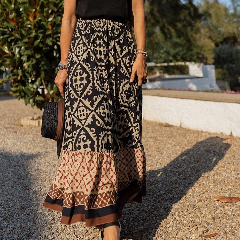 Boho Retro Black Maxi Skirt