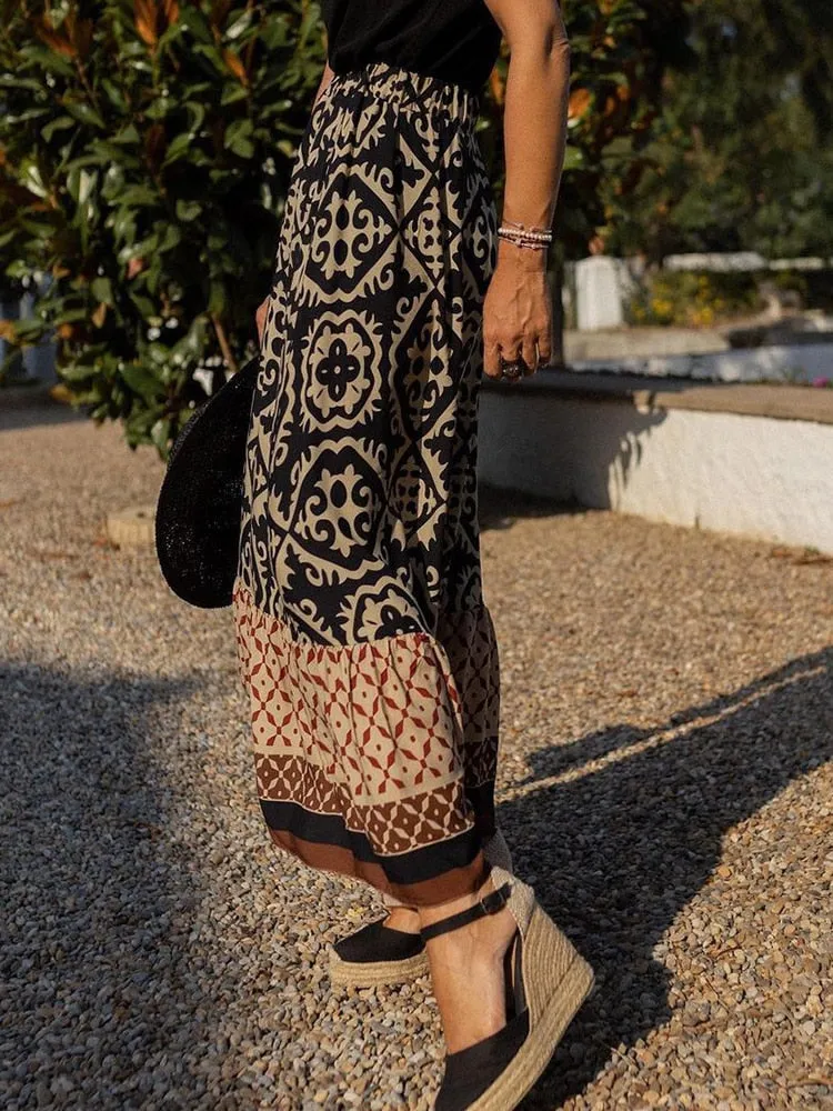 Boho Retro Black Maxi Skirt