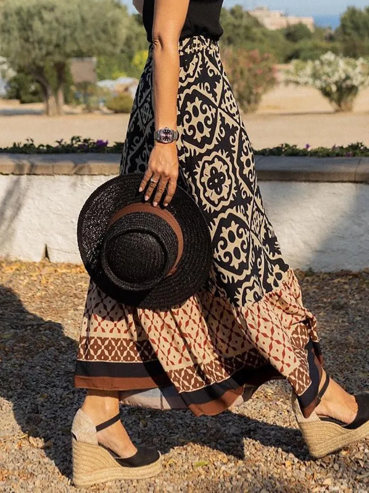 Boho Retro Black Maxi Skirt