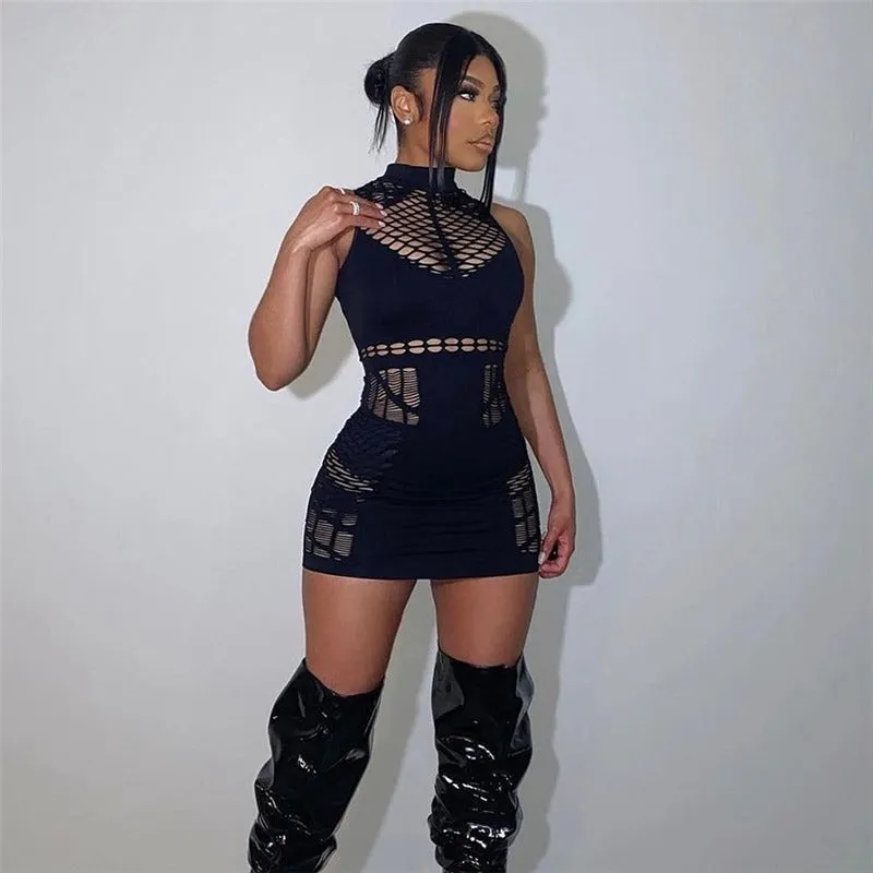 Bold Cutout Fishnet Mini Dress with Striking Hollow Detailing