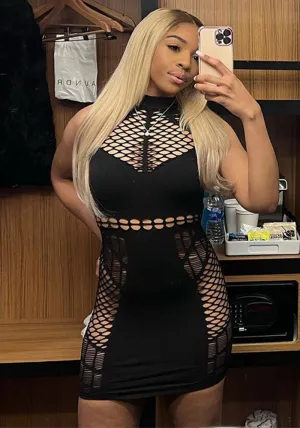 Bold Cutout Fishnet Mini Dress with Striking Hollow Detailing