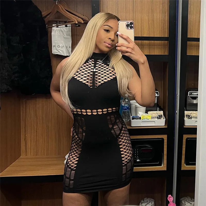 Bold Cutout Fishnet Mini Dress with Striking Hollow Detailing