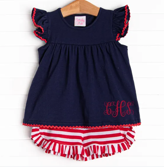 Bold Stripes Ruffle Short Set, Navy