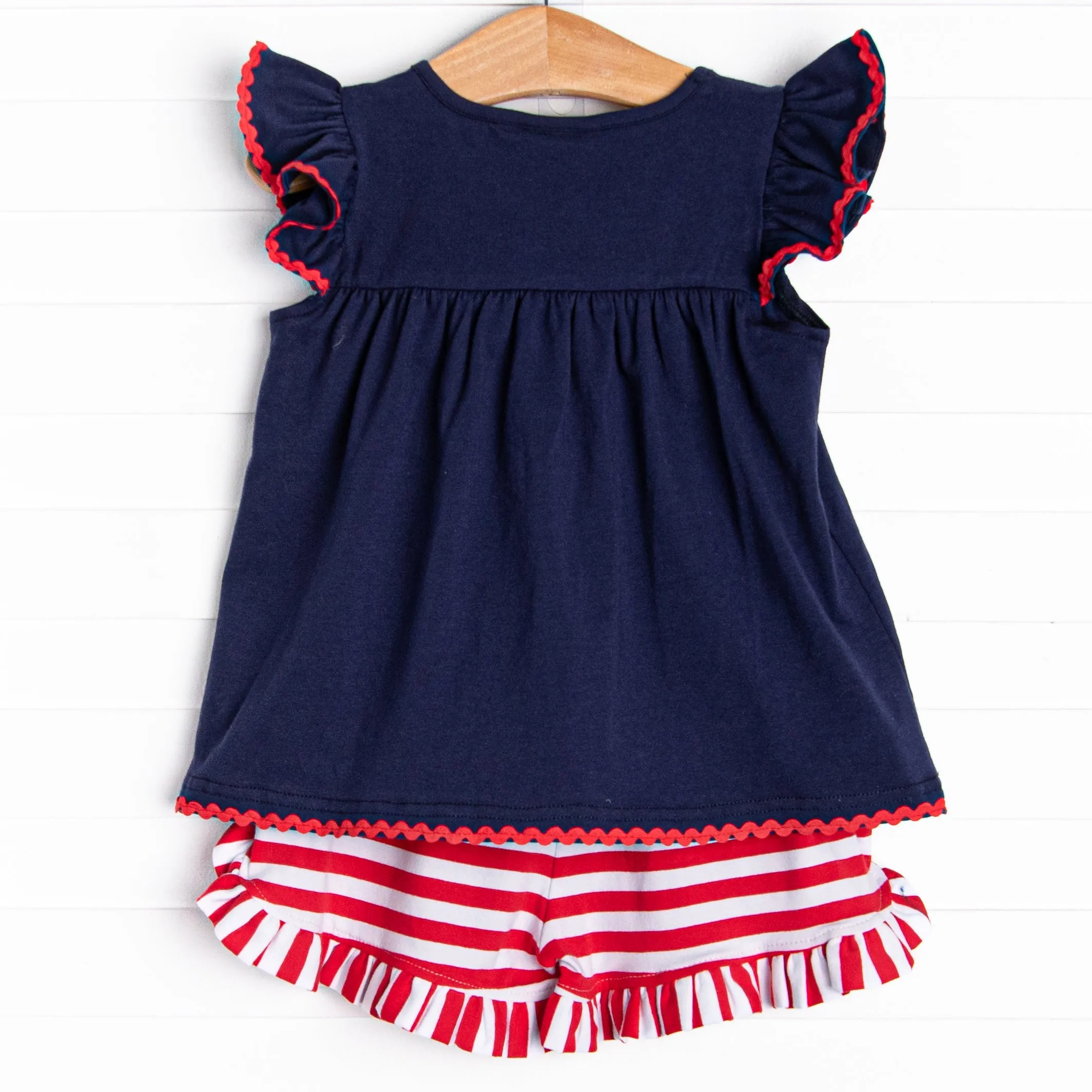 Bold Stripes Ruffle Short Set, Navy