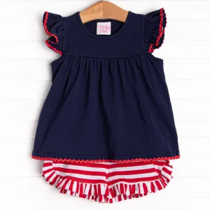 Bold Stripes Ruffle Short Set, Navy