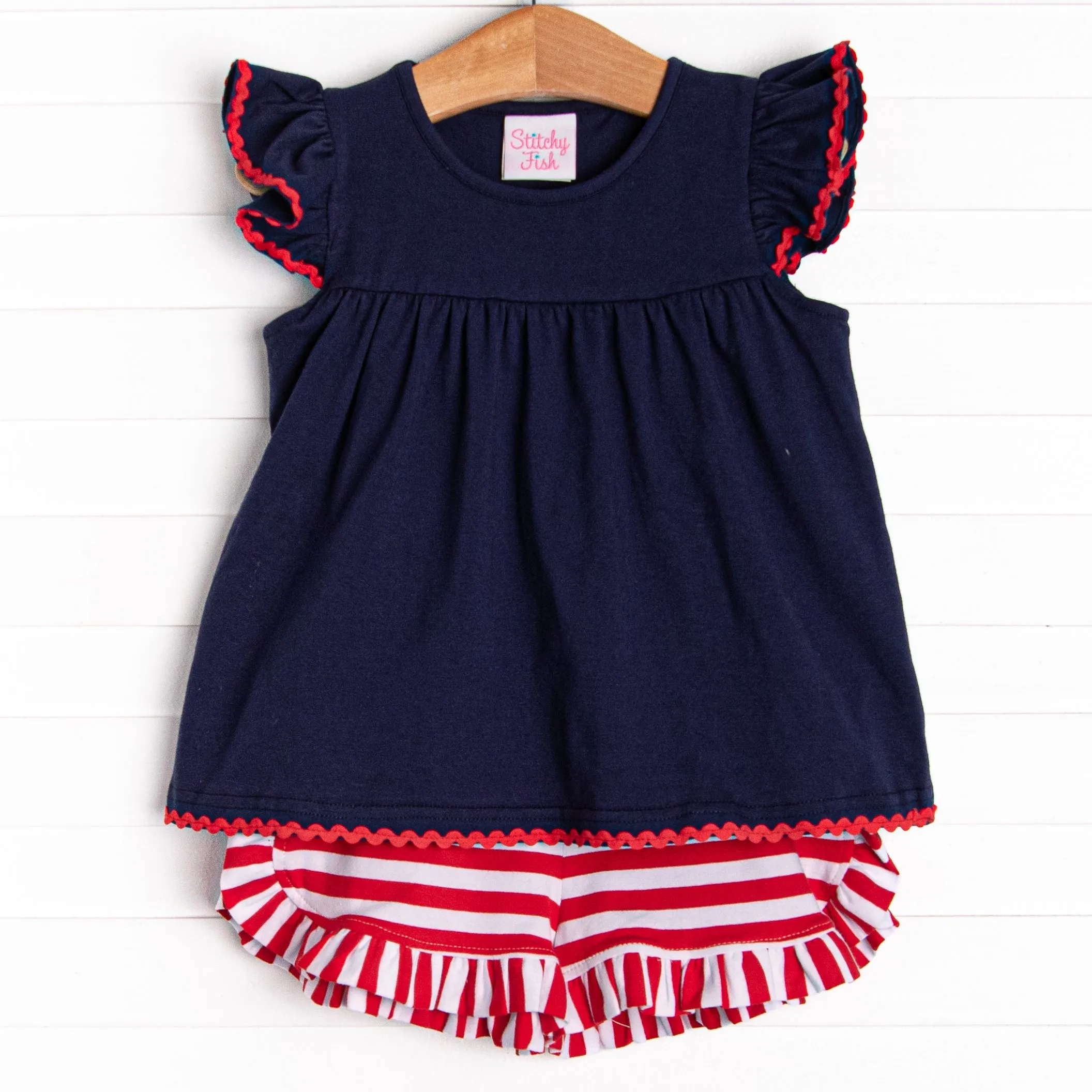 Bold Stripes Ruffle Short Set, Navy
