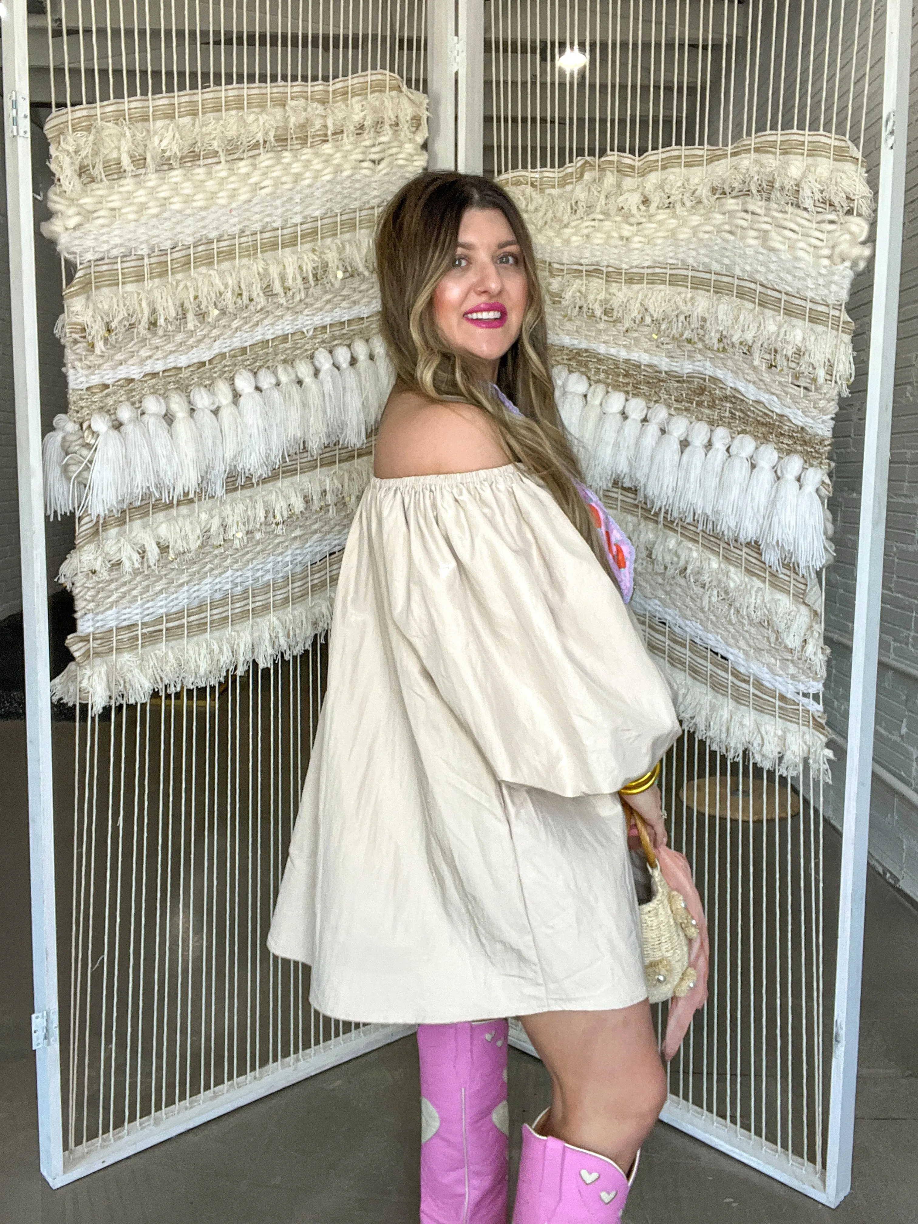 Bold Taupe Off The Shoulder Mini Dress