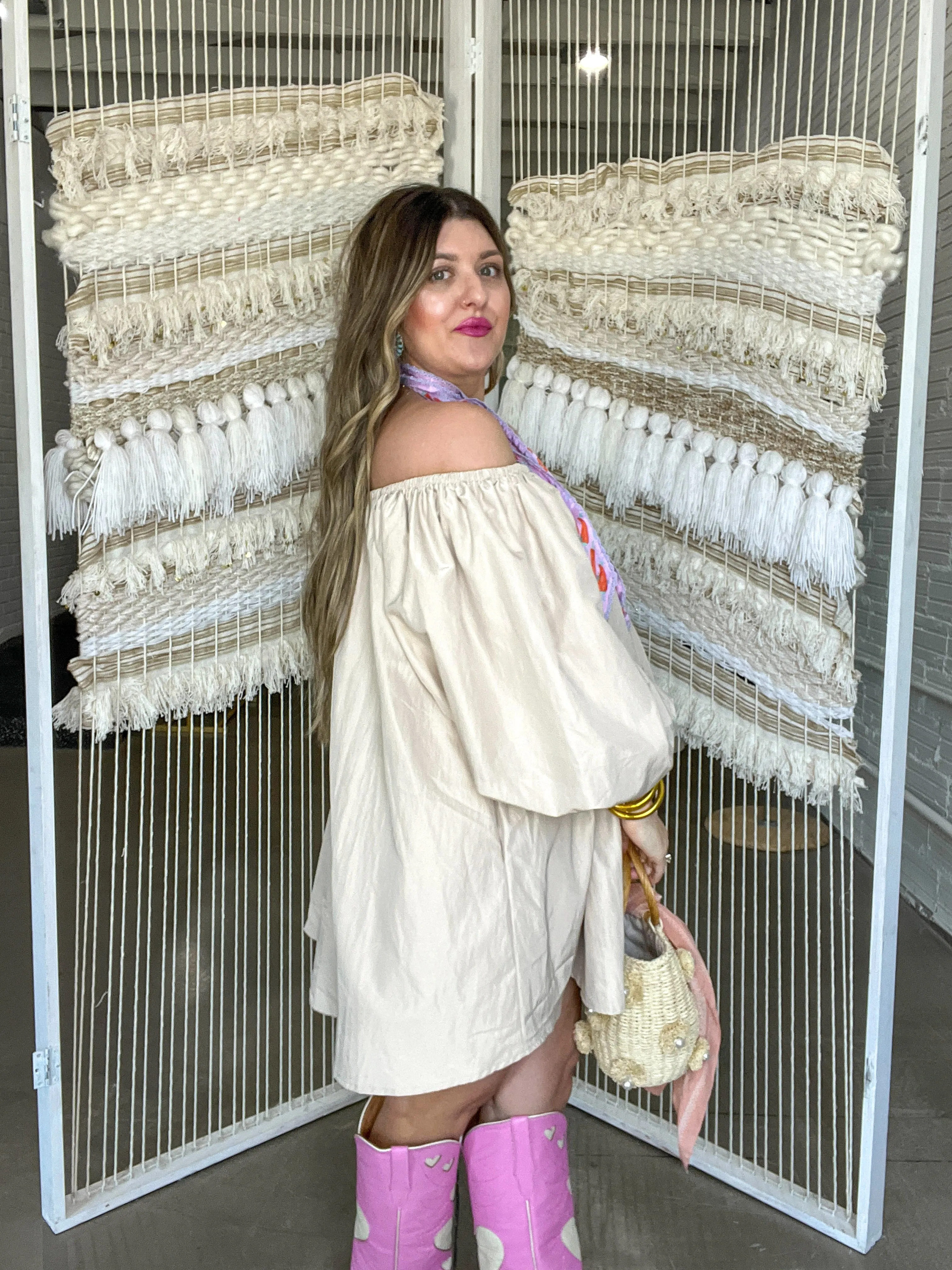 Bold Taupe Off The Shoulder Mini Dress