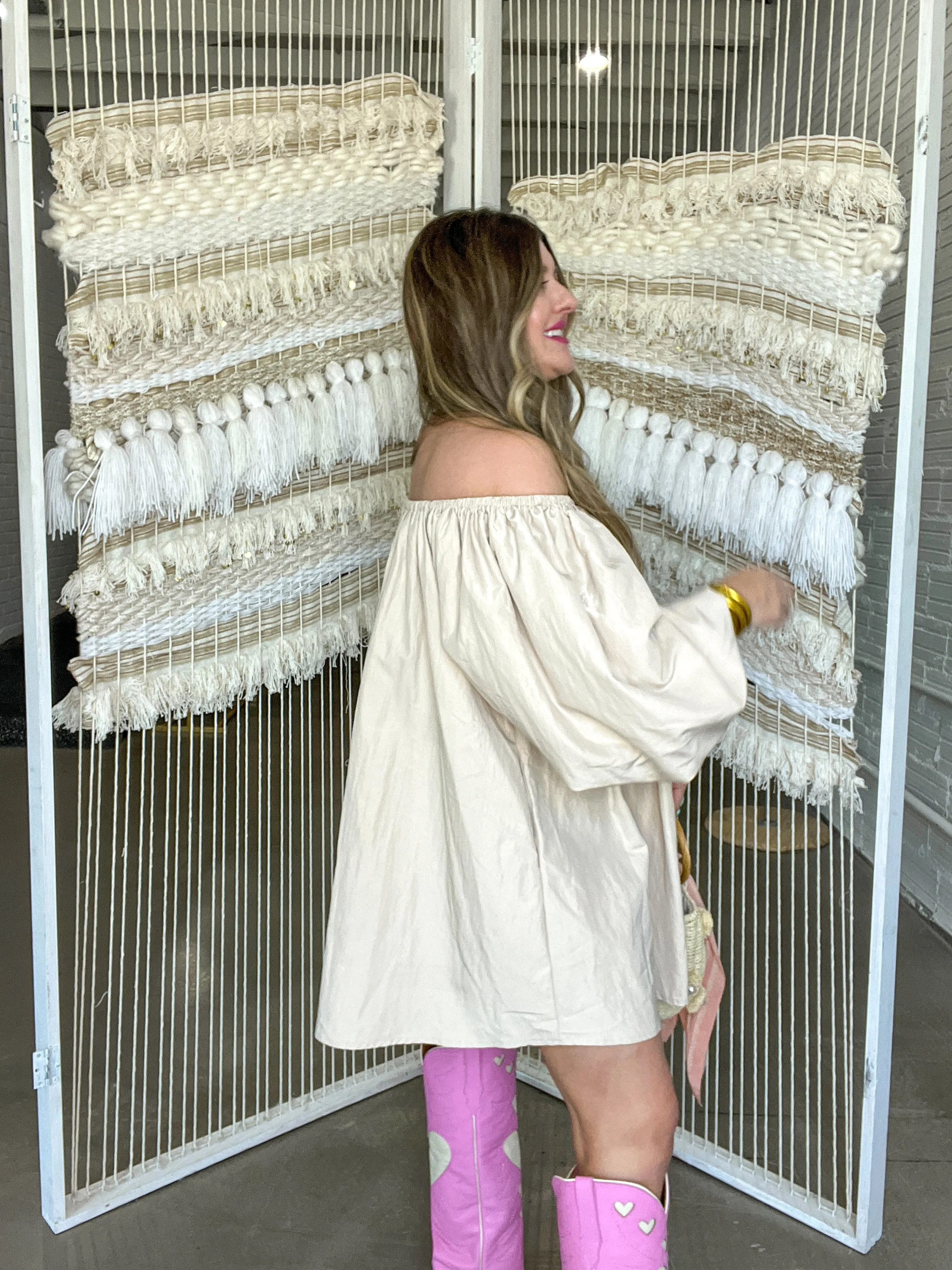 Bold Taupe Off The Shoulder Mini Dress