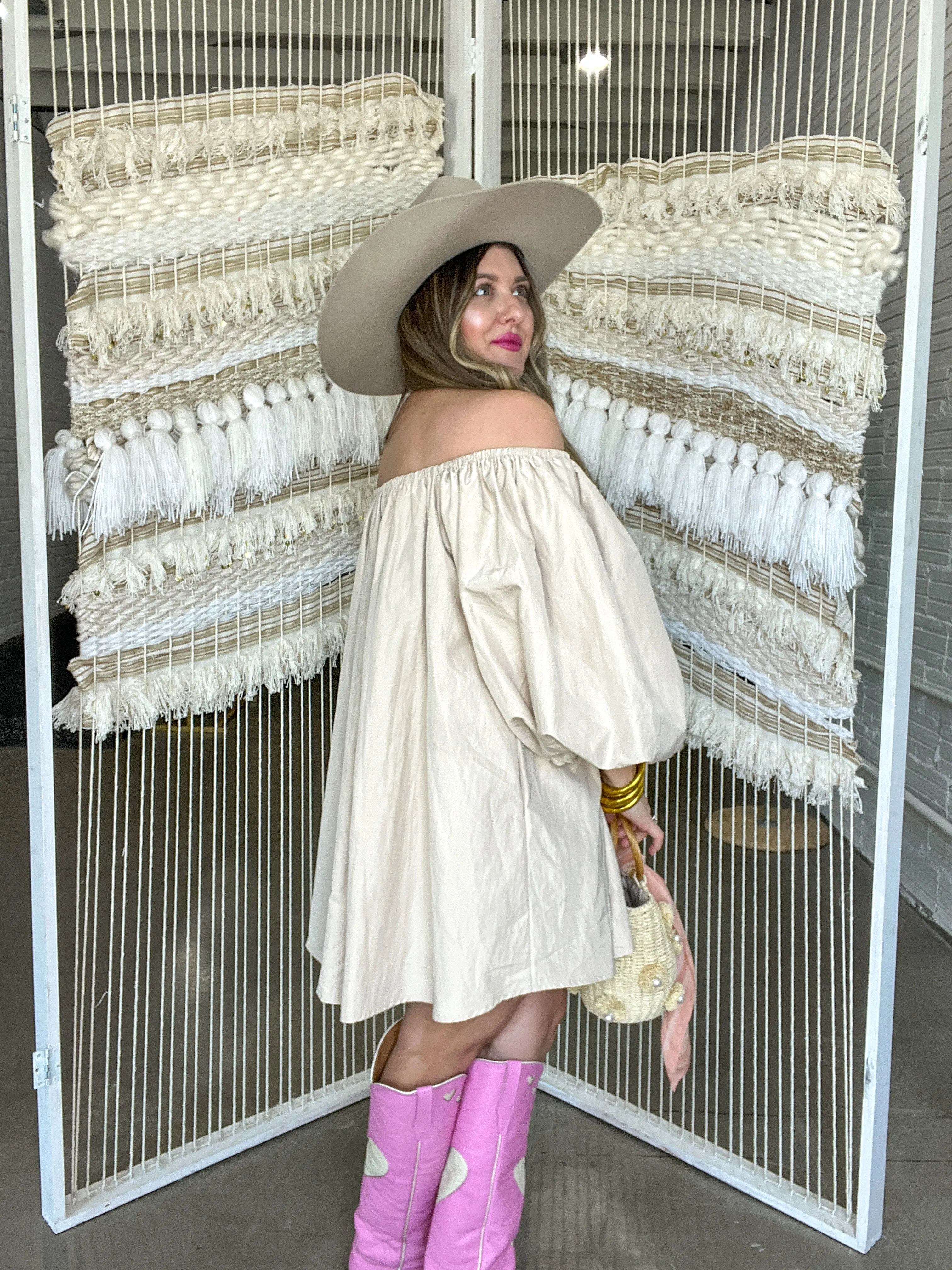 Bold Taupe Off The Shoulder Mini Dress