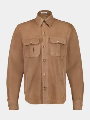 Brown Leather Button-Up Overshirt Jacket