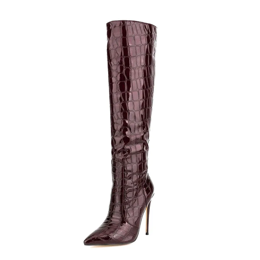 Burgundy Pointy Toe Stiletto Heel Knee High Boots