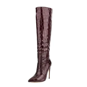 Burgundy Pointy Toe Stiletto Heel Knee High Boots