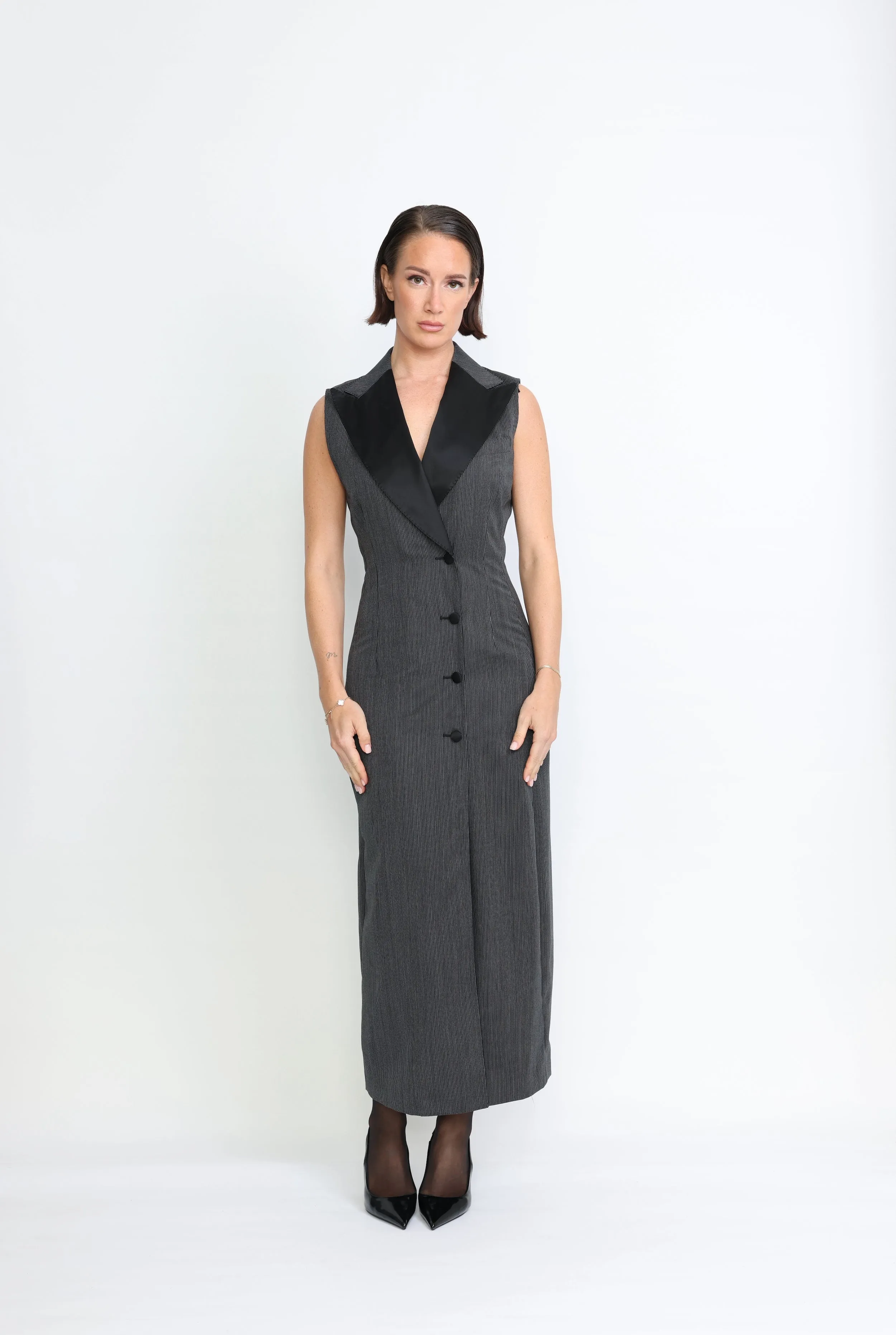 Caldas Limited Edition Dress - Tailored maxi dress in black pinstripe