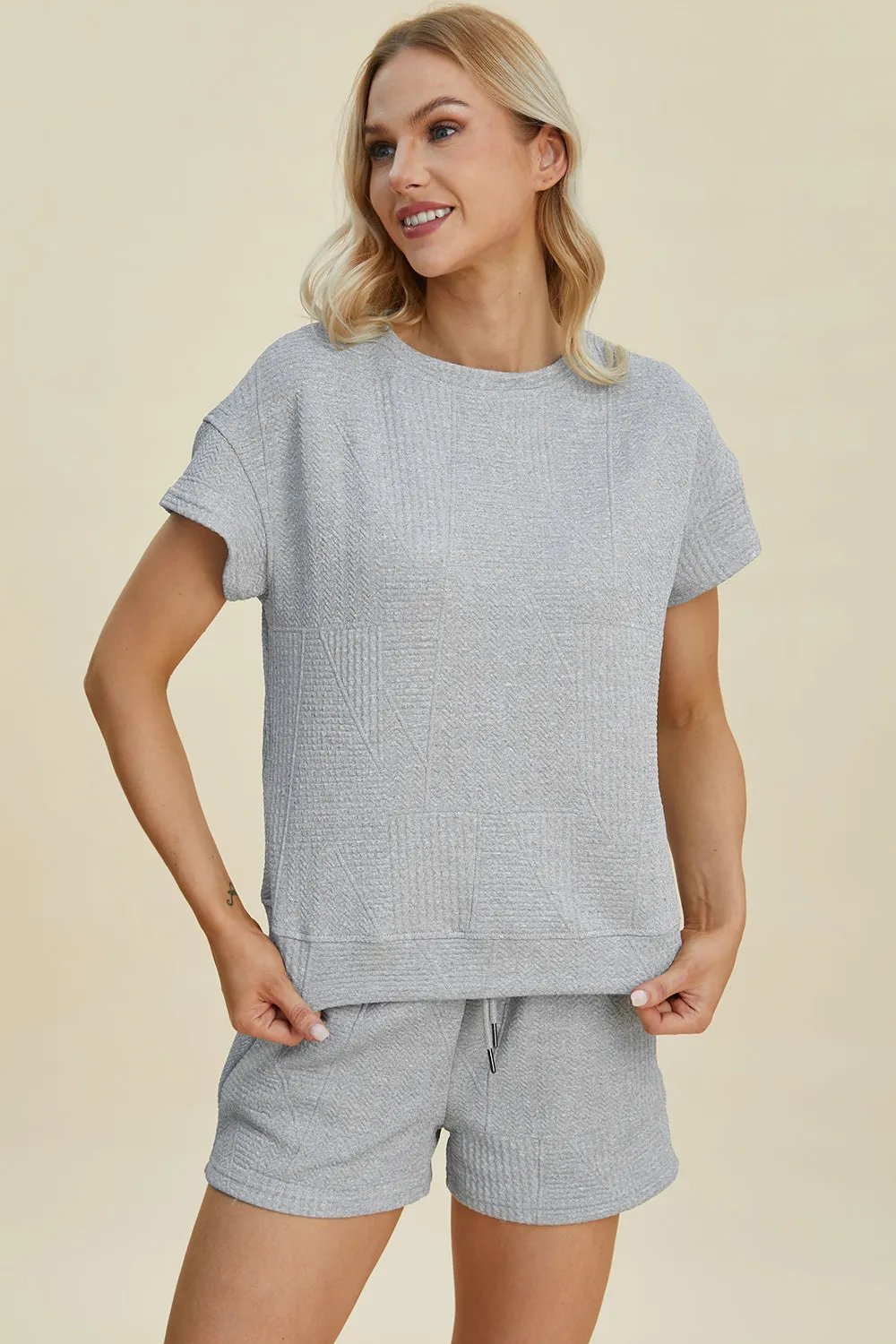 Cara Full Size Texture Short Sleeve Top and Shorts Set